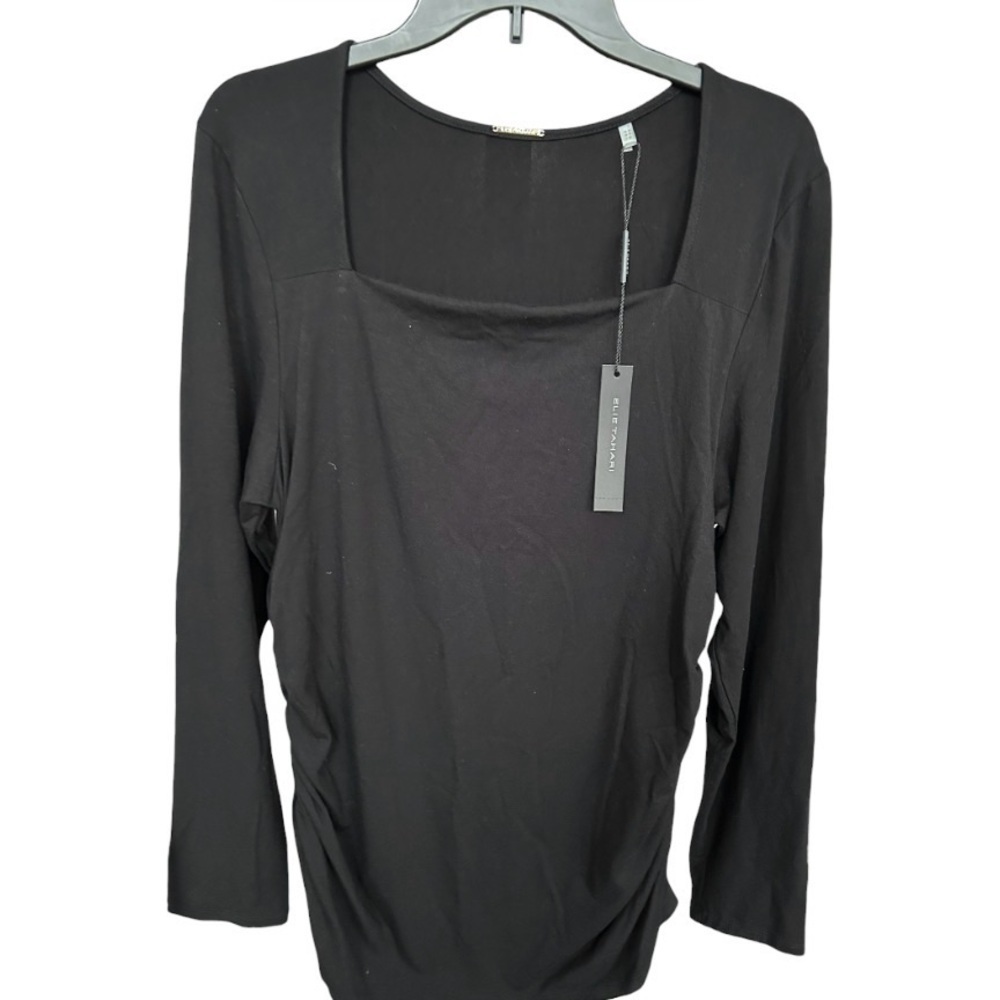 NWT Elie Tahari Black Long Sleeve Square Neck Knit Top Size XL